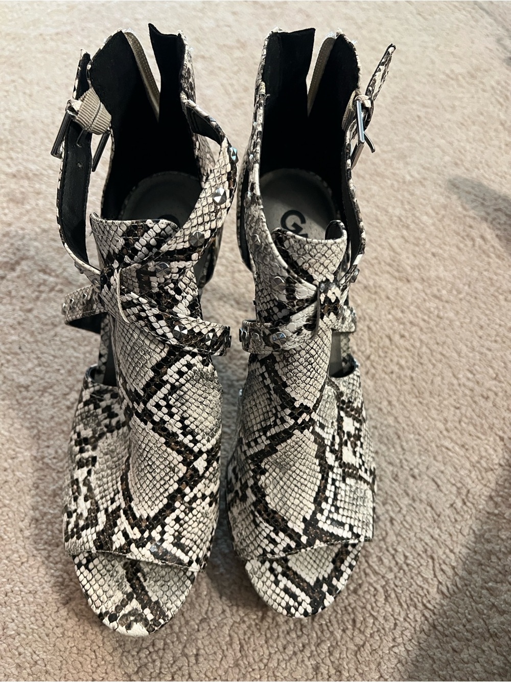 Guess Snake-Print Peep-Toe Ankle Strap Heels in Black and White